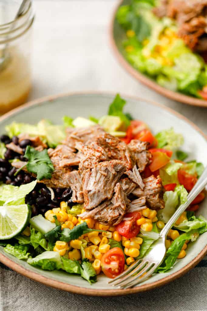 overhead view of a salad with shredded pork, lettuce, tomatoes, avocado and black beans