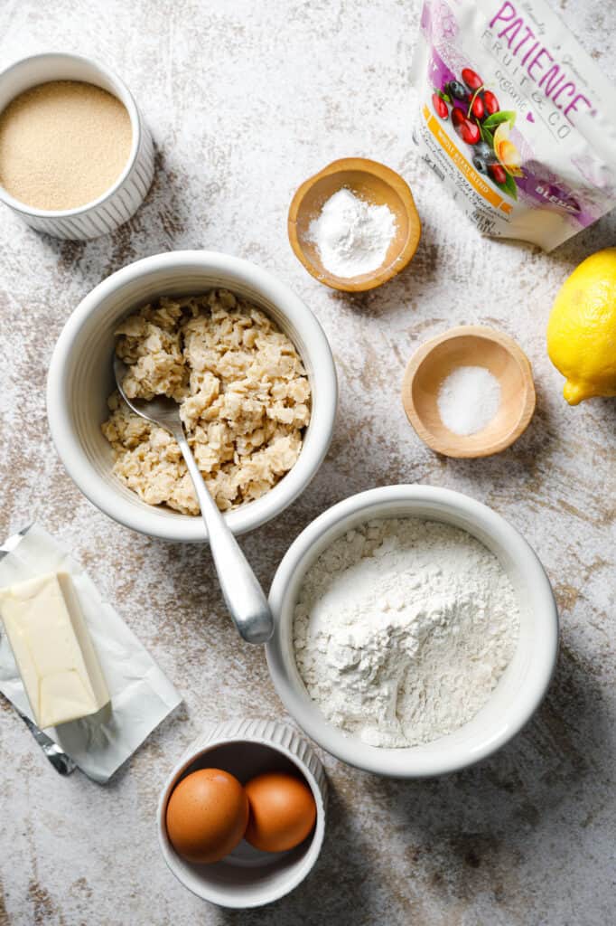 The ingredients needed to make cookies with leftover oatmeal, flour, eggs, sugar, butter and dried fruit