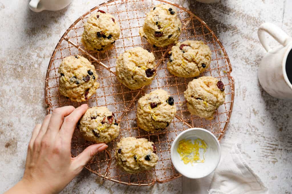 Overhead view of a cooling rack with leftover oatmeal cookies