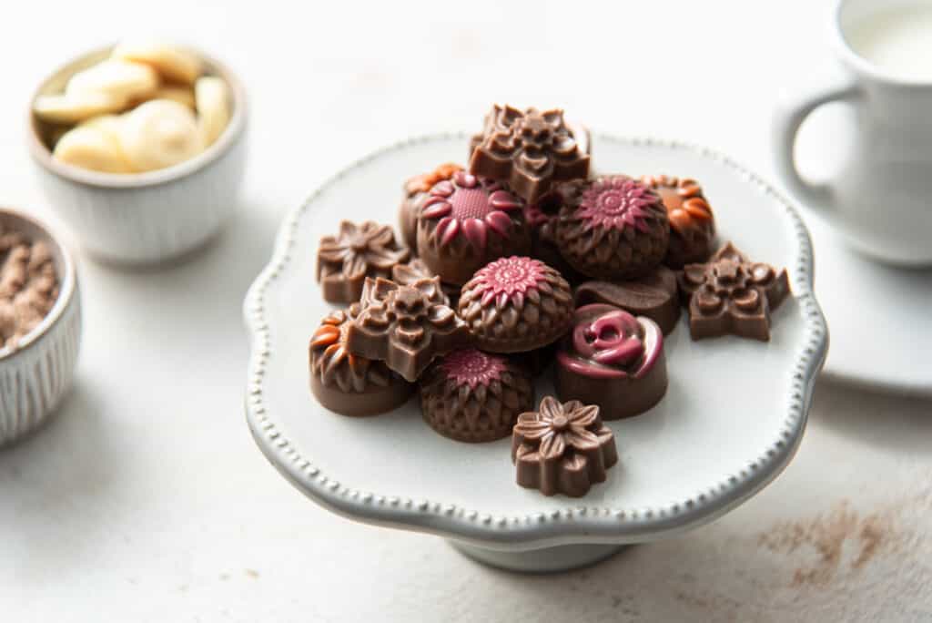 side view of a plate with chocolate candies with ingredients surrounding