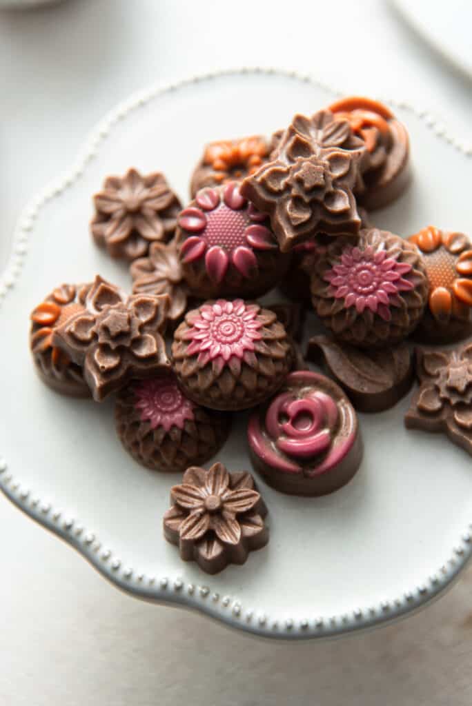 Overhead view of a plate of keto fat bombs