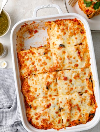 overhead view of a casserole dish of southwest chicken and rice casserole topped with cheese and black olives