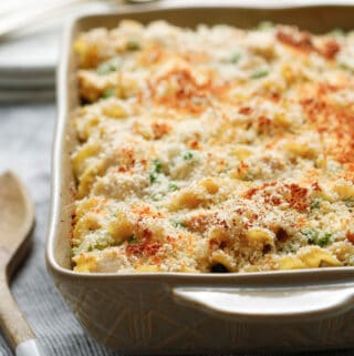A dish of Chicken Noodle Casserole ready to be served