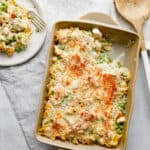 Creamy Chicken Noodle casserole is never dry - served on a plate with a fork