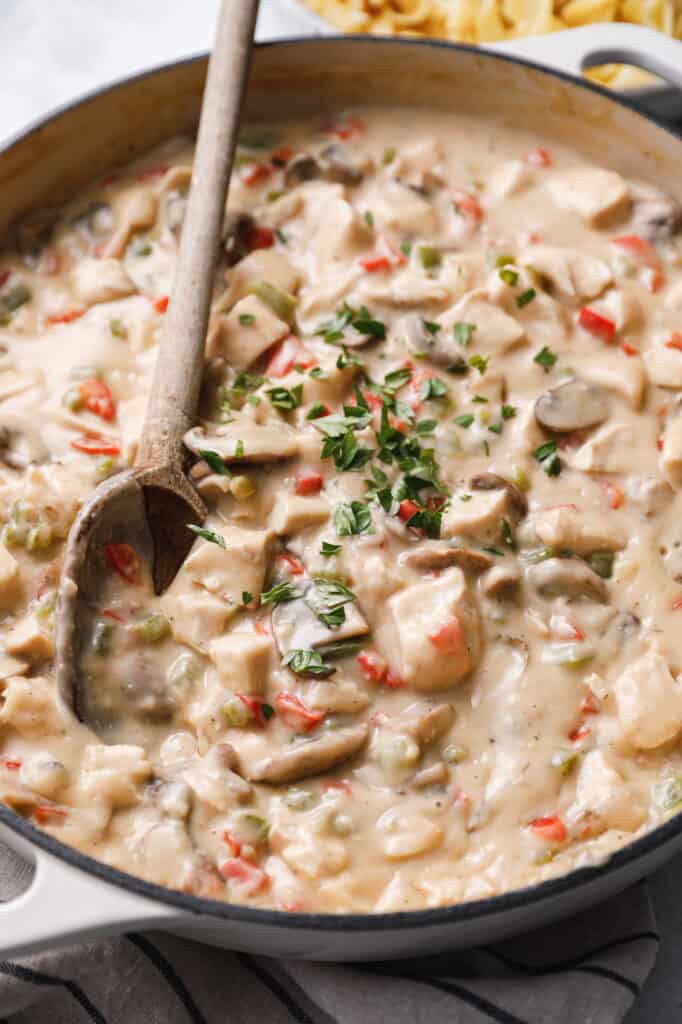 Chicken a la King in the pot when it's ready to serve, creamy sauce with peppers and mushrooms over noodles