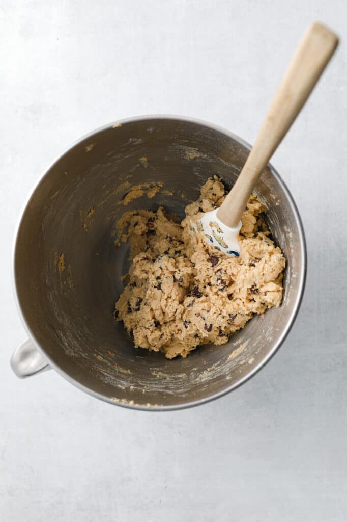 classic chocolate chip cookie dough in a mixing bowl