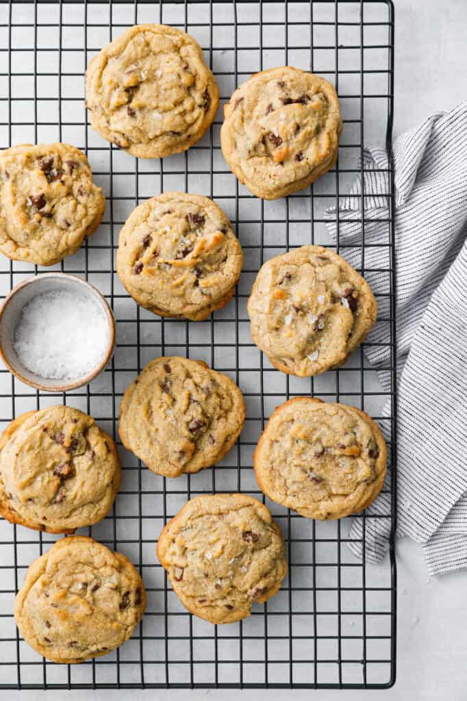 classic chocolate chip cookies cooling on a cooling rack