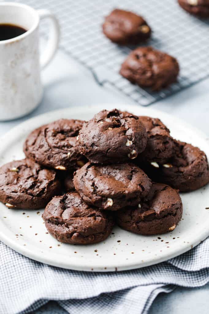 A plate of chocolate cookies with three different kinds of chocolate chips