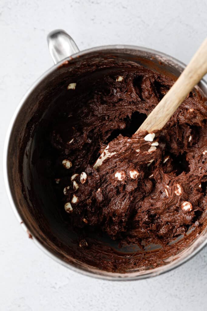 The chocolate cookie dough in the bowl before being scooped