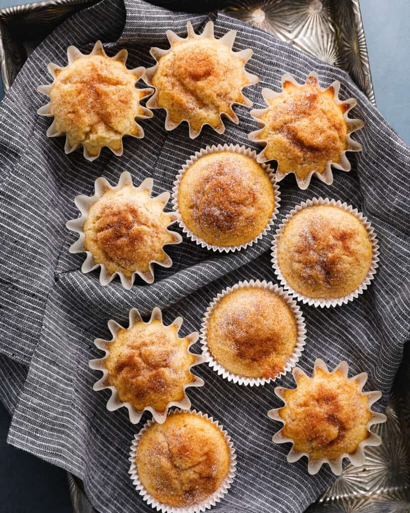 snickerdoodle muffins on a blue napkin