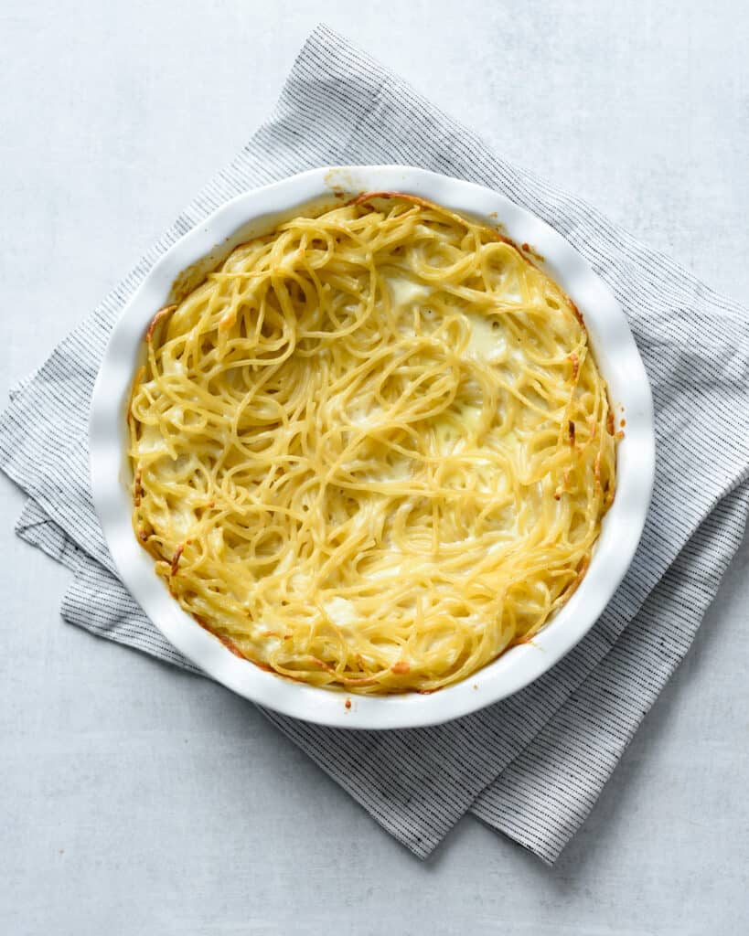 The spaghetti noodles make a crust for your pie