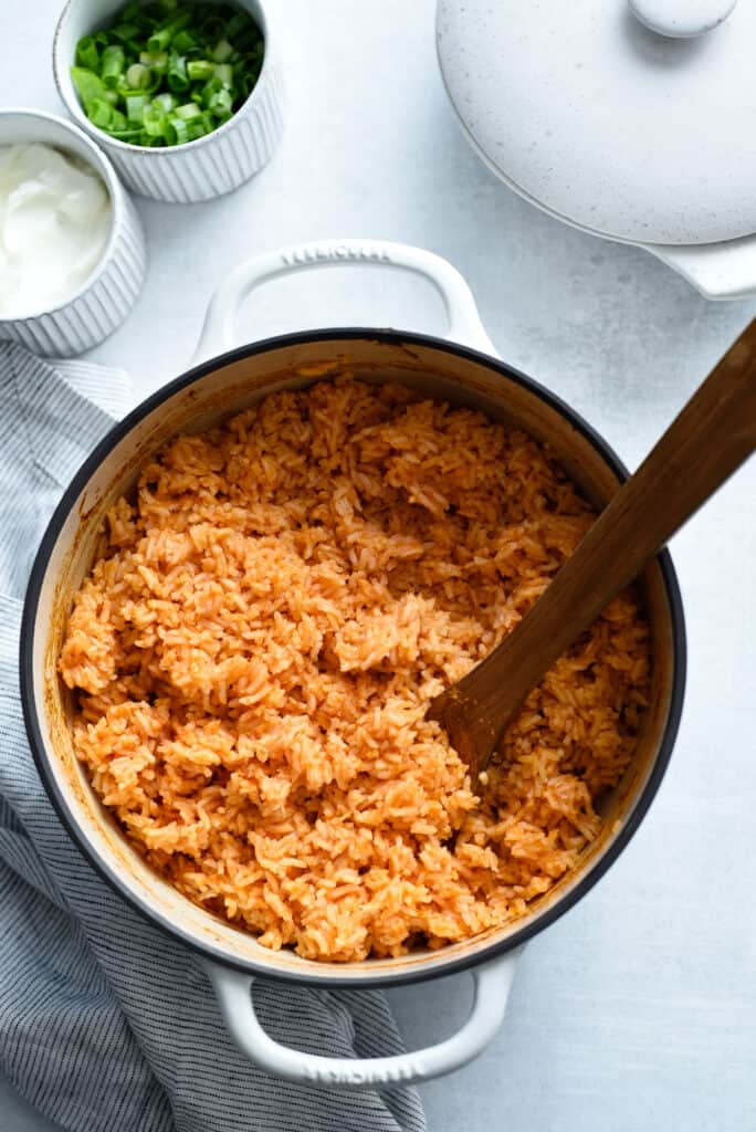 Mexican style rice right out of the oven ready to be fluffed