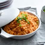 A dish of Mexican Style rice in a serving dish
