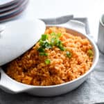 A dish of Mexican Style rice in a serving dish
