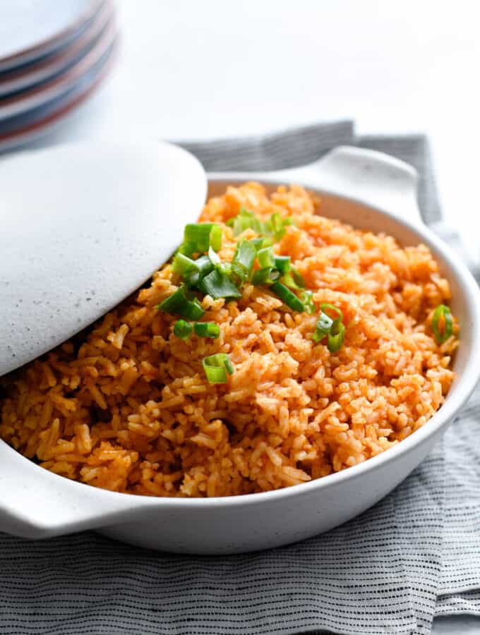 A dish of Mexican Style rice in a serving dish