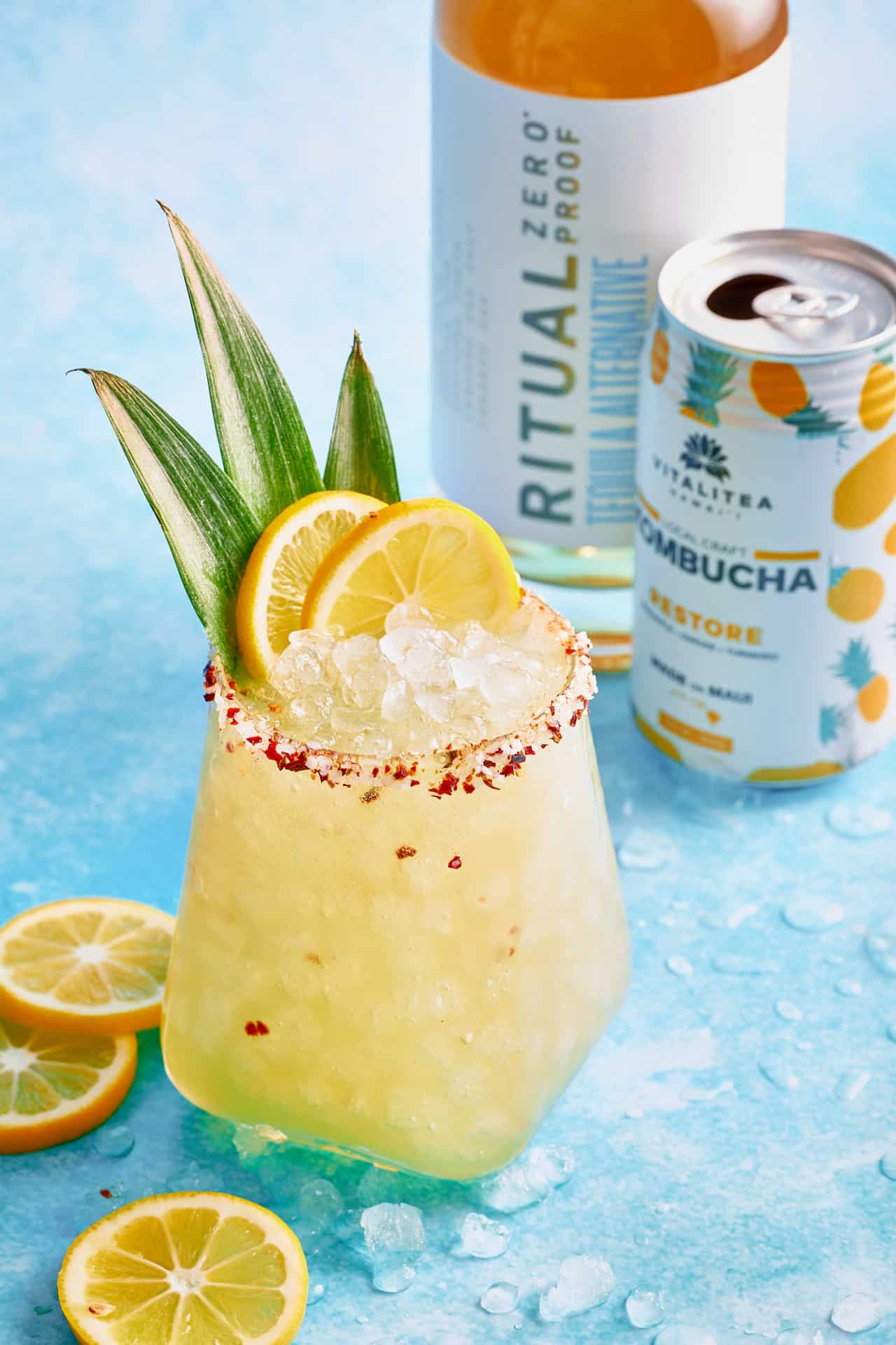 Tropical Kombucharita made with pineapple kombucha, mango, lime and tequila.