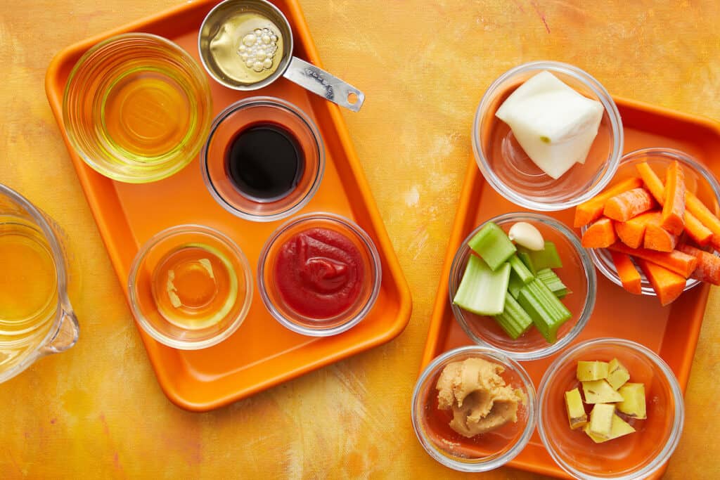 overhead view of ingredients for ginger salad dressing