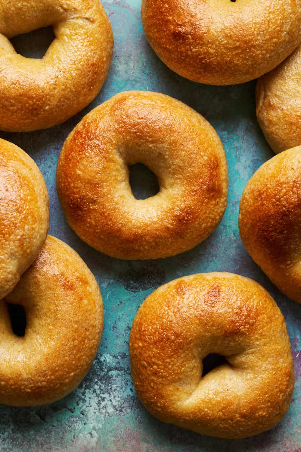 overhead view of golden brown bagels