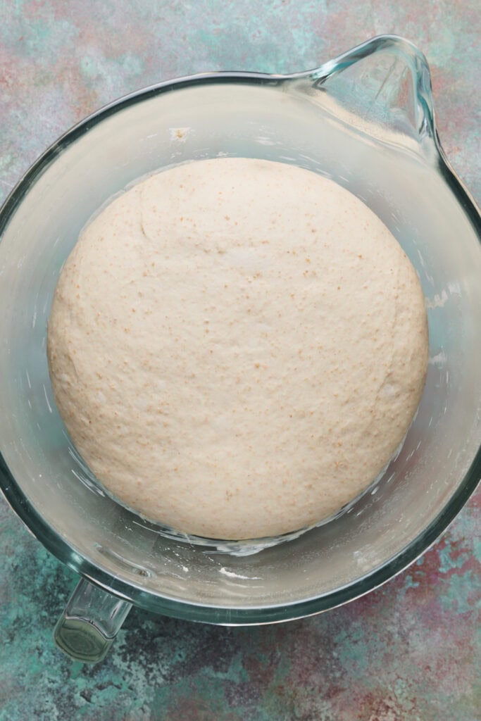 Overhead view of bowl with the dough after the first rise