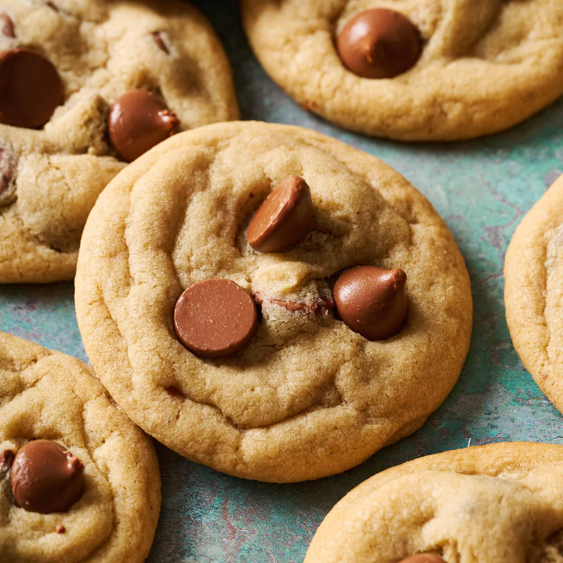 overhead shot of a chocolate chip cookie
