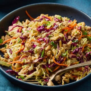 overhead view of a bowl of chicken salad with cabbage and carrots