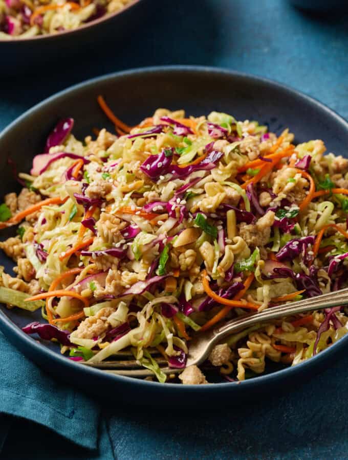 overhead view of a bowl of chicken salad with cabbage and carrots