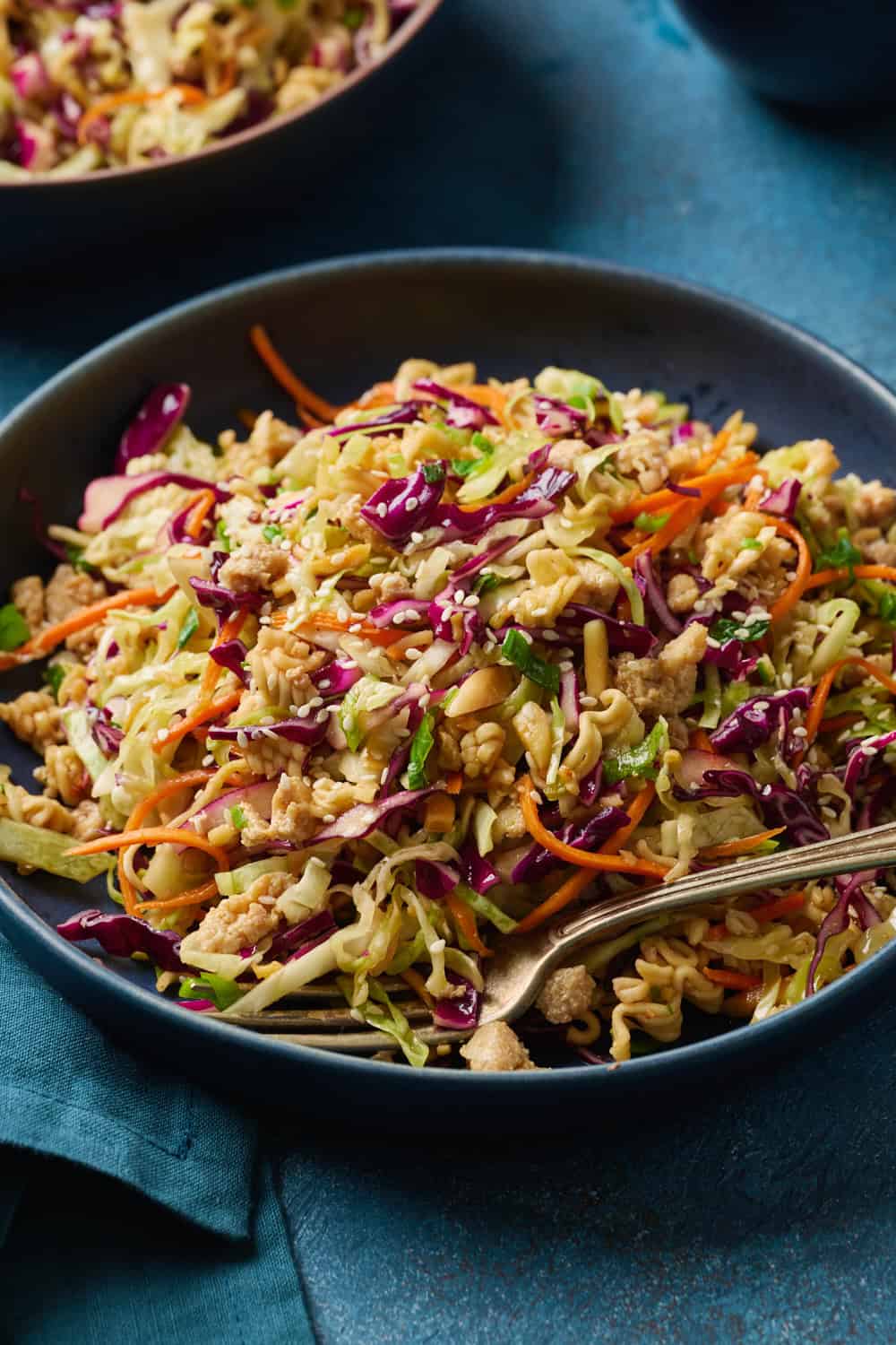 overhead view of a bowl of chicken salad with cabbage and carrots