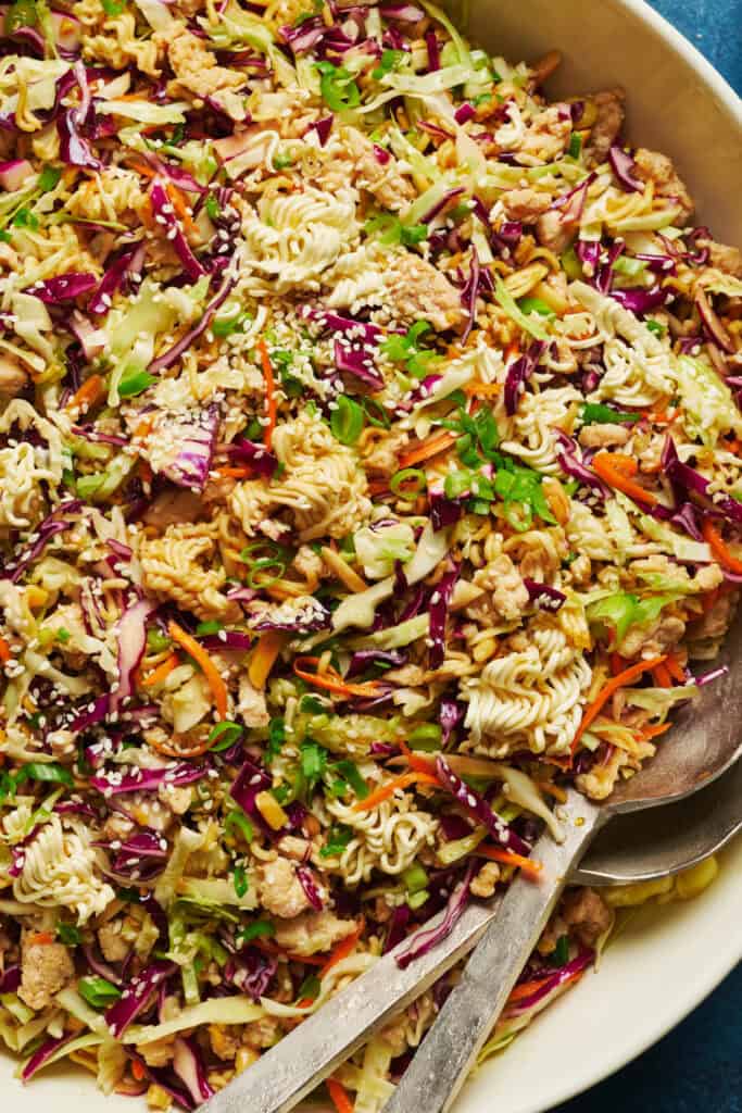 closeup of a salad with chicken, cabbage, carrots and scallions