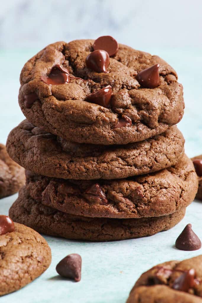 Stack of 4 soft baked double chocolate chip cookies