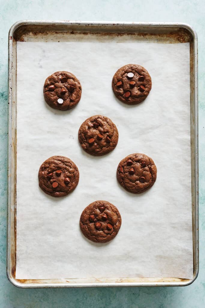 double chocolate chip cookies on a baking sheet