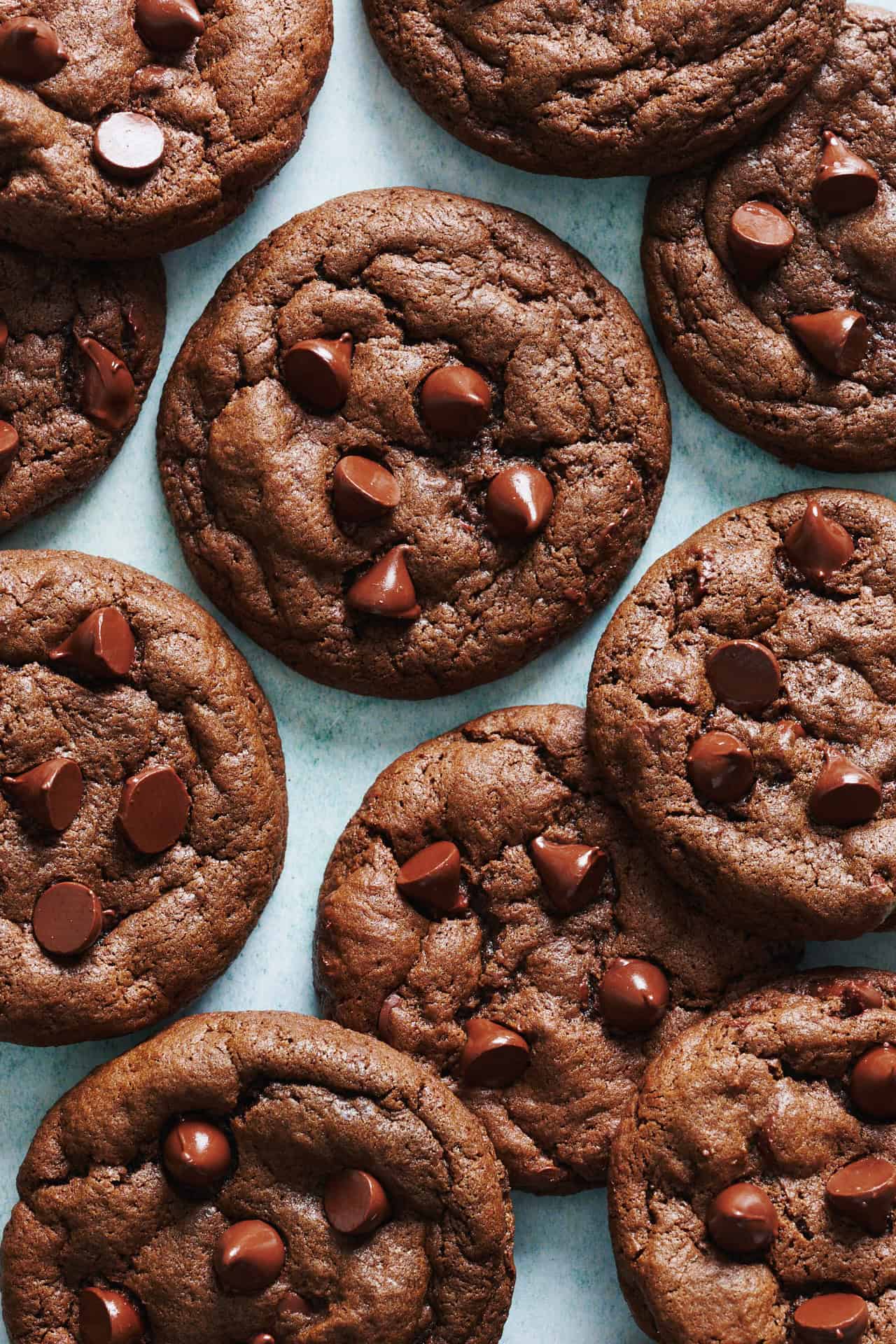 Overhead view of double chocolate chip cookies with shiny chocolate chips on a blue background