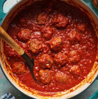 overhead view of meatballs in a marinara sauce