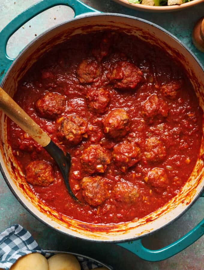 overhead view of meatballs in a marinara sauce