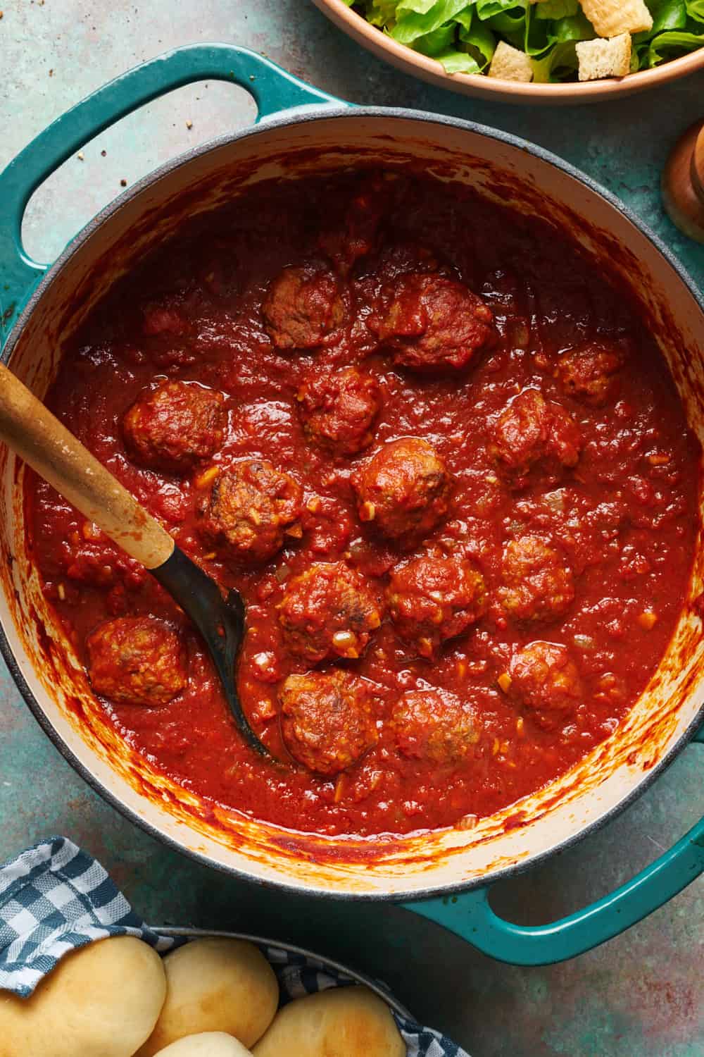 overhead view of meatballs in a marinara sauce