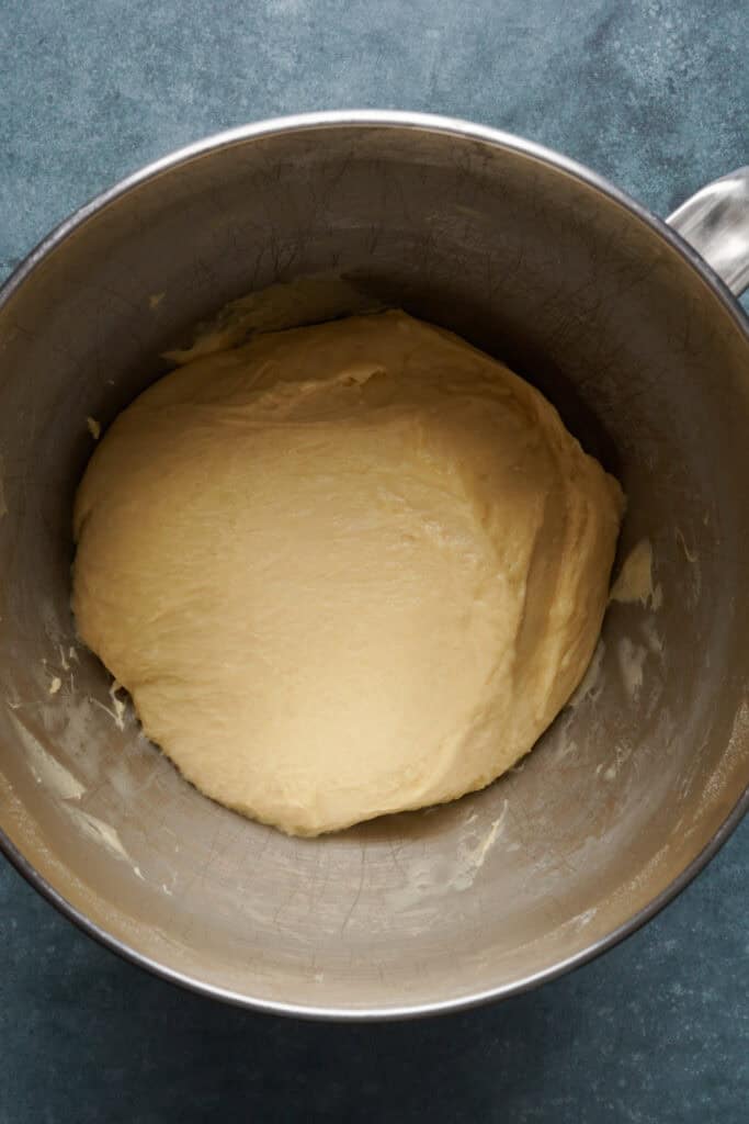 overhead view of dough in a bowl