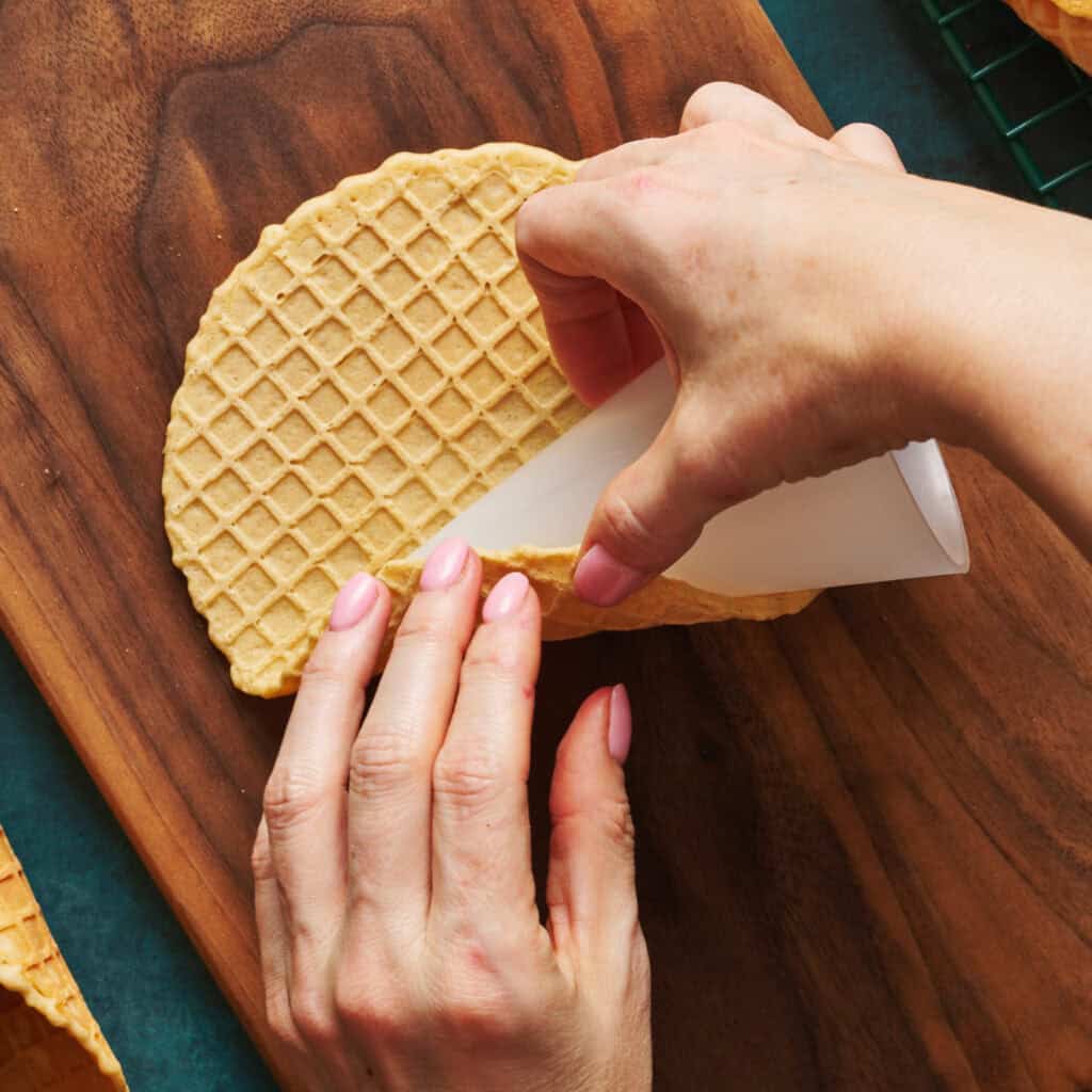 Overhead view of making a homemade waffle cone