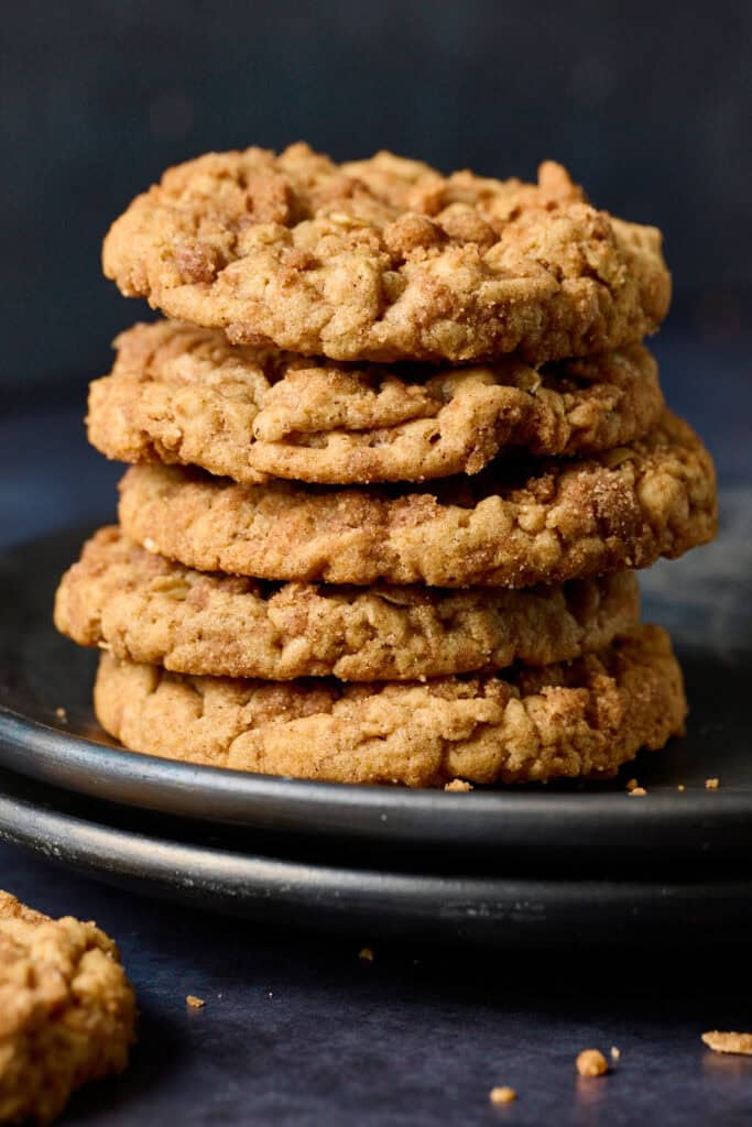 A stack of cinnamon oatmeal cookies on a dark plate