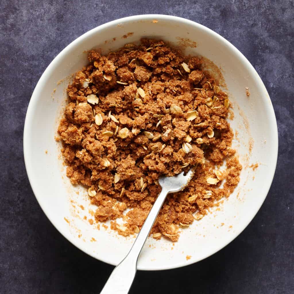 streusel in a white bowl prepared