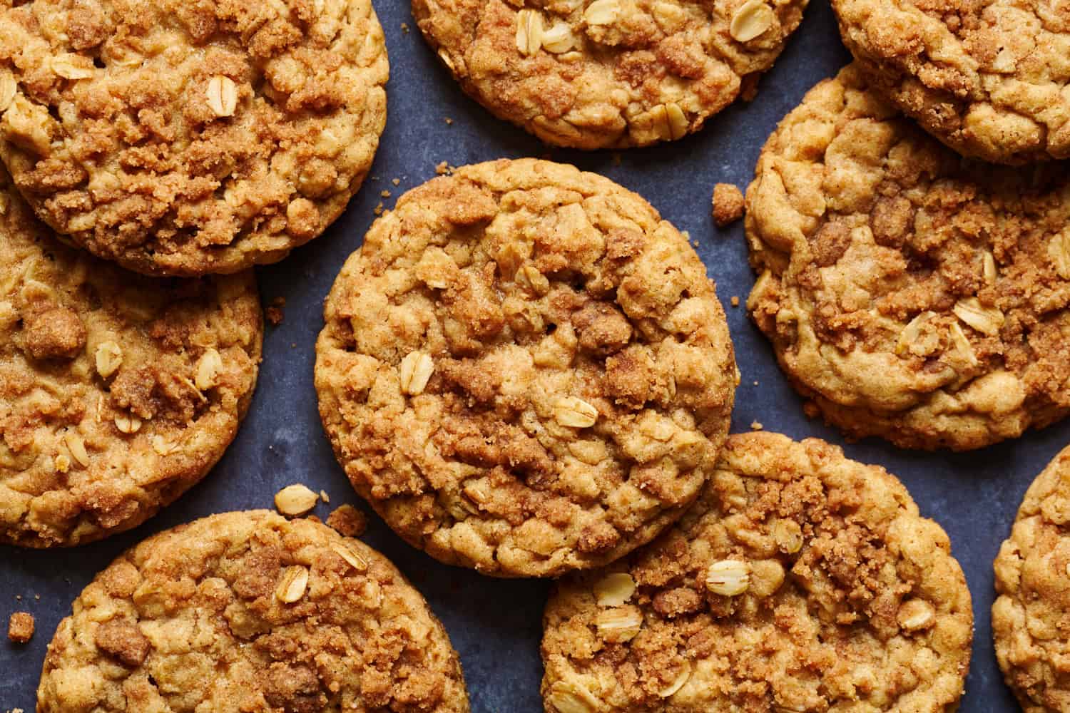 Cinnamon oatmeal cookies with streusel viewed overhead.