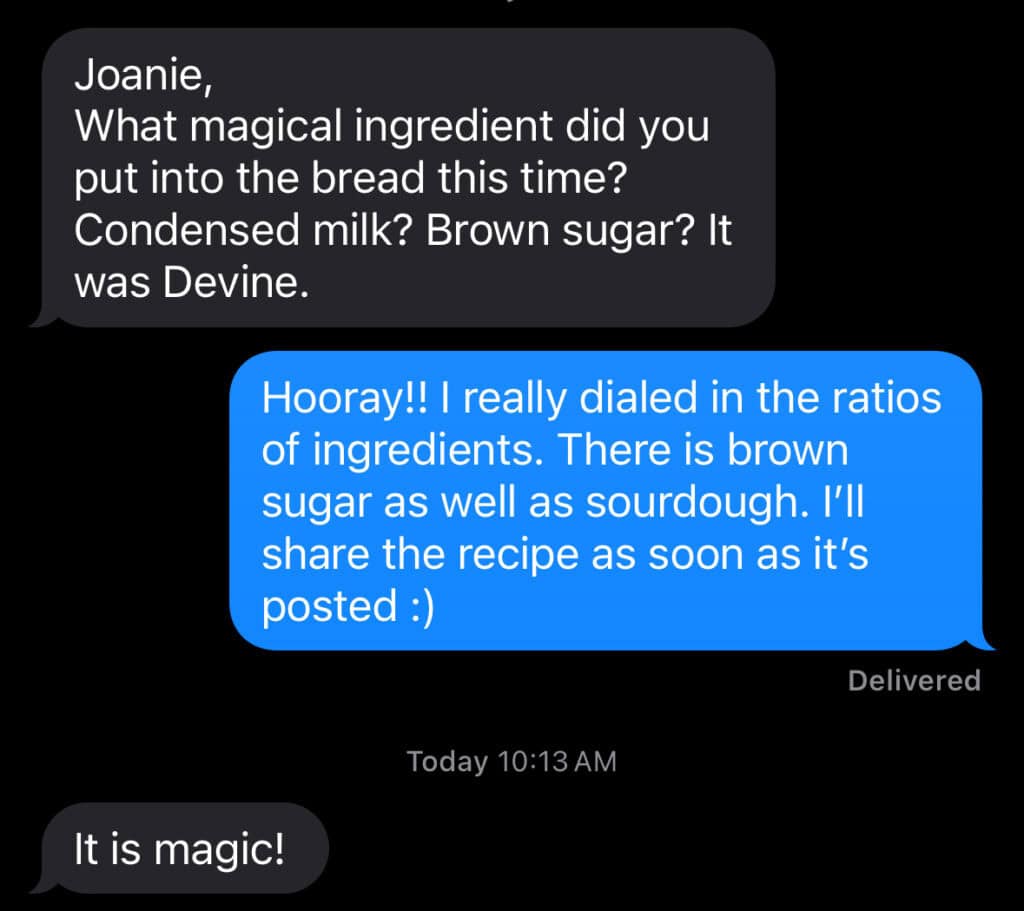 text message conversation about banana bread