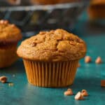 closeup of a pumpkin muffin made with sourdough discard