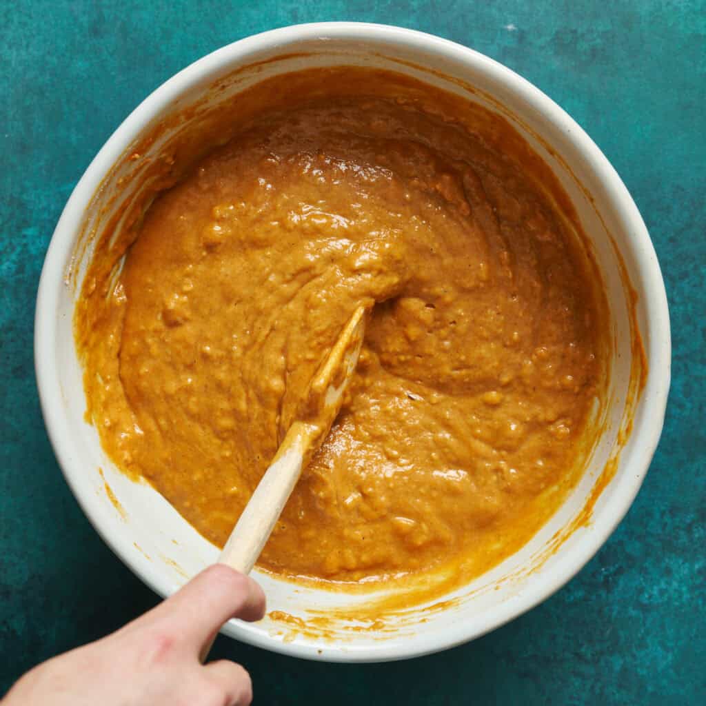 bowl with dry ingredients mixed into the wet