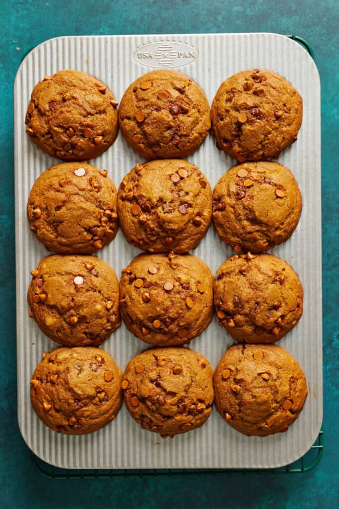 muffins after being baked viewed overhead in a muffin tin