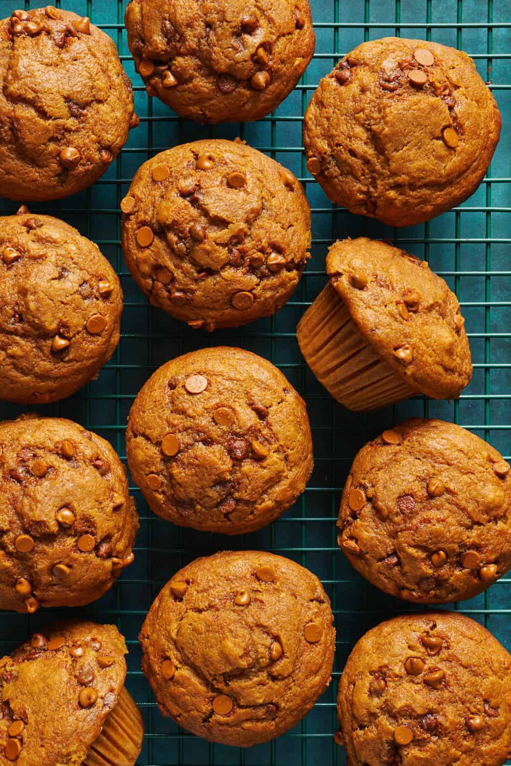 overhead view of fresh baked sourdough pumpkin muffins on a green surface and cooling rack