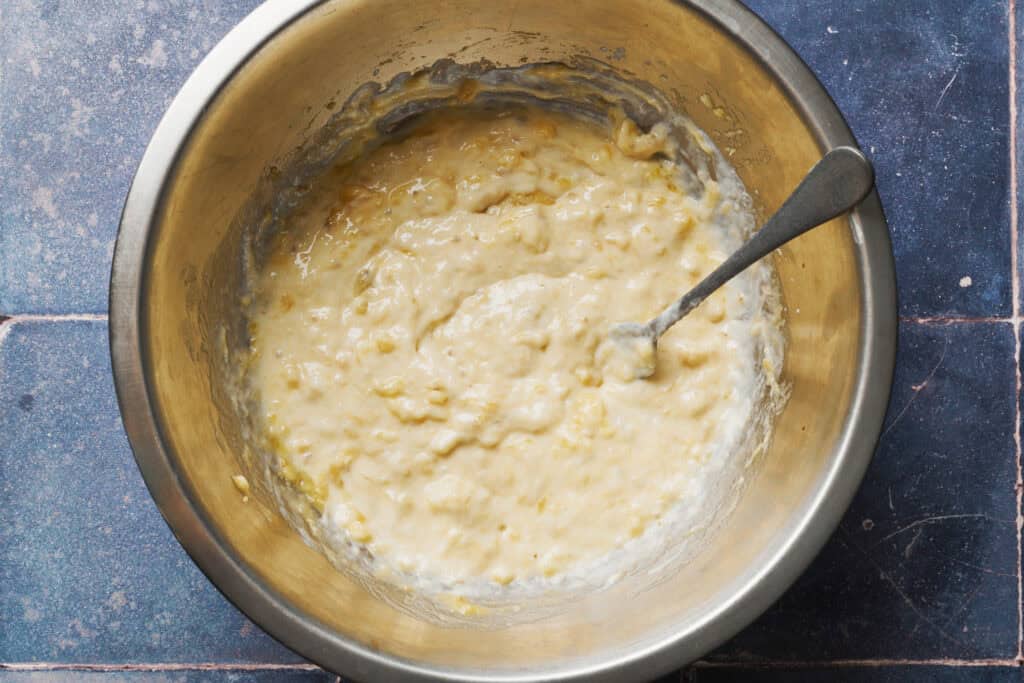 bananas mixed with yogurt, vanilla and sourdough discard