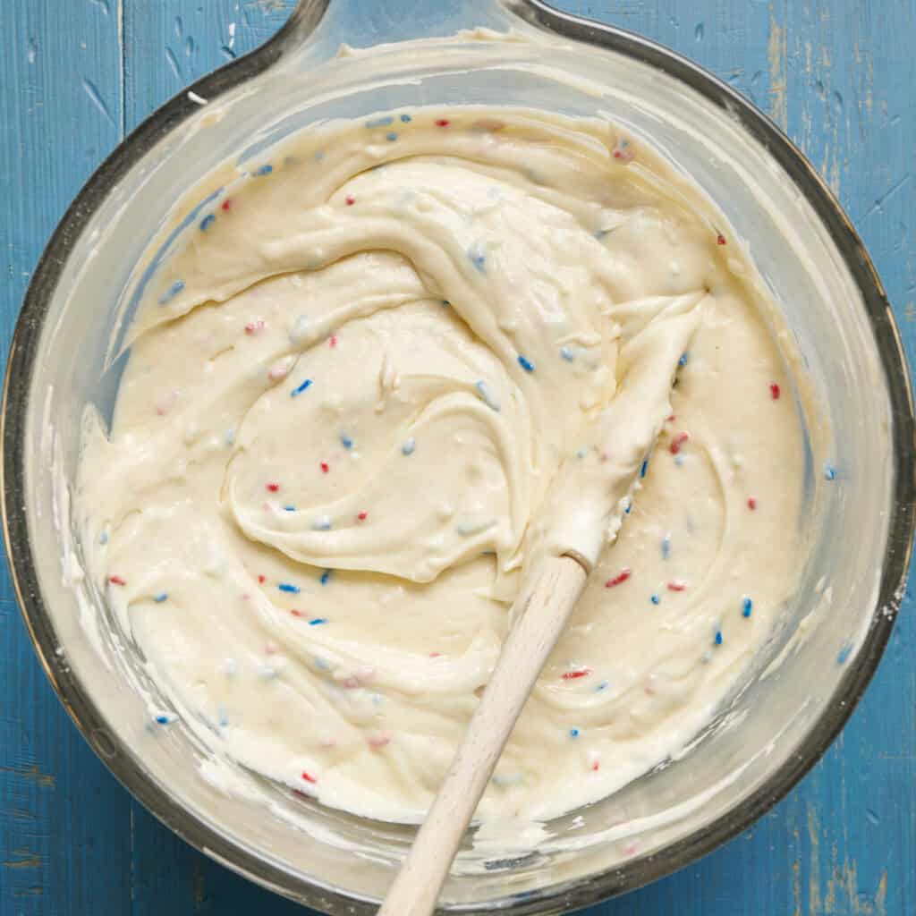 mixed batter overhead in a bowl