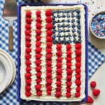 overhead view of a cake that looks like the American flag