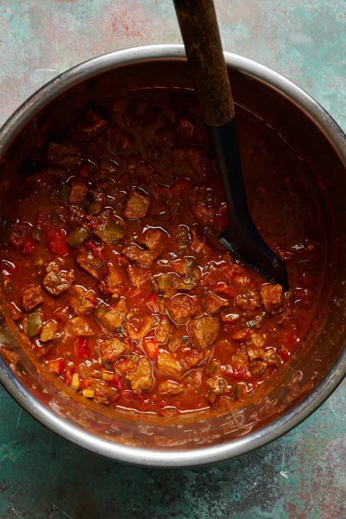 chili in a pot after being slow cooked for 8 hours