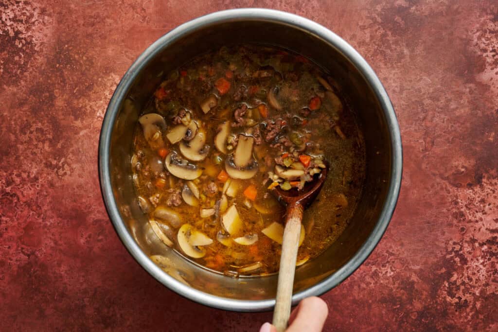 instant pot ground beef barley soup cooked and ready