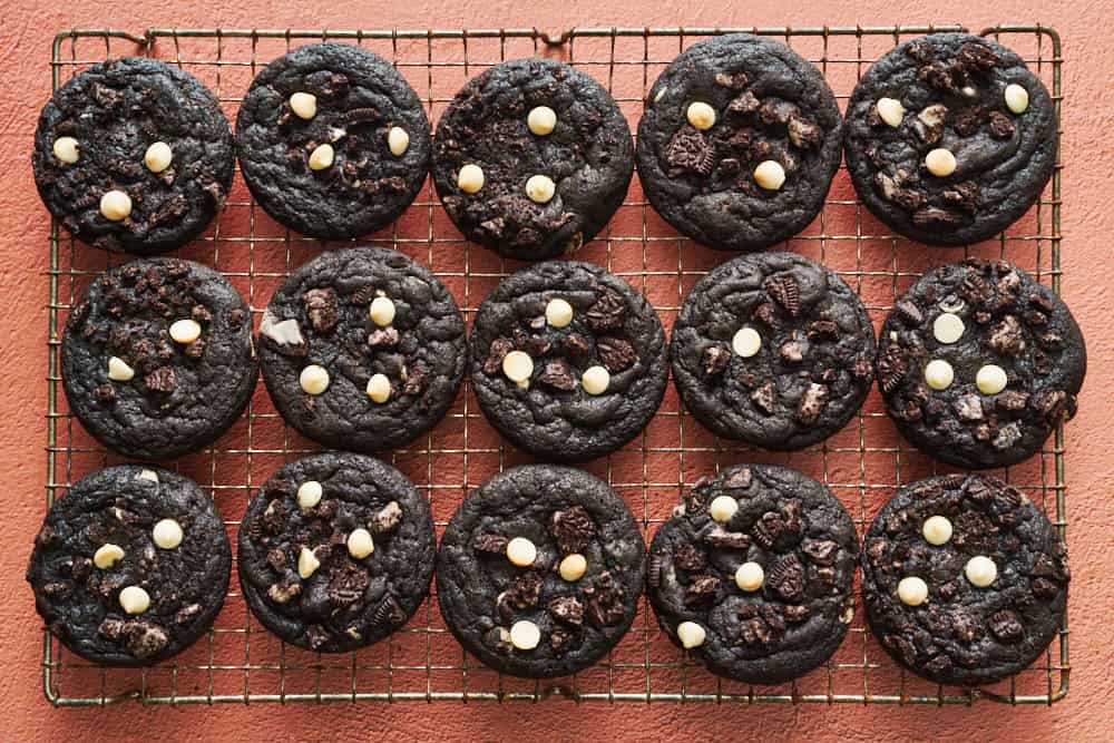 Chocolate Cookies and Cream Cookies on a cooling rack.